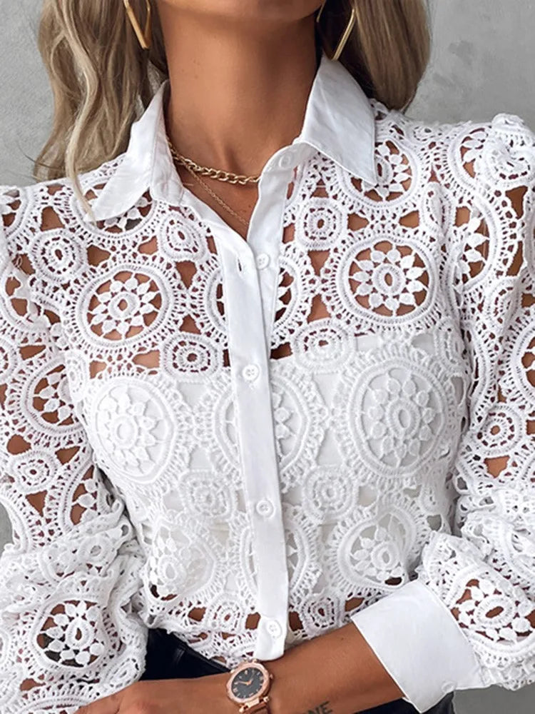 Lace Blouses For Women Elegant Office White Shirt Long Sleeve Button Turn-down Collar Sexy Hollow Tops Fashion Women's Clothing - Matrix-studios.com