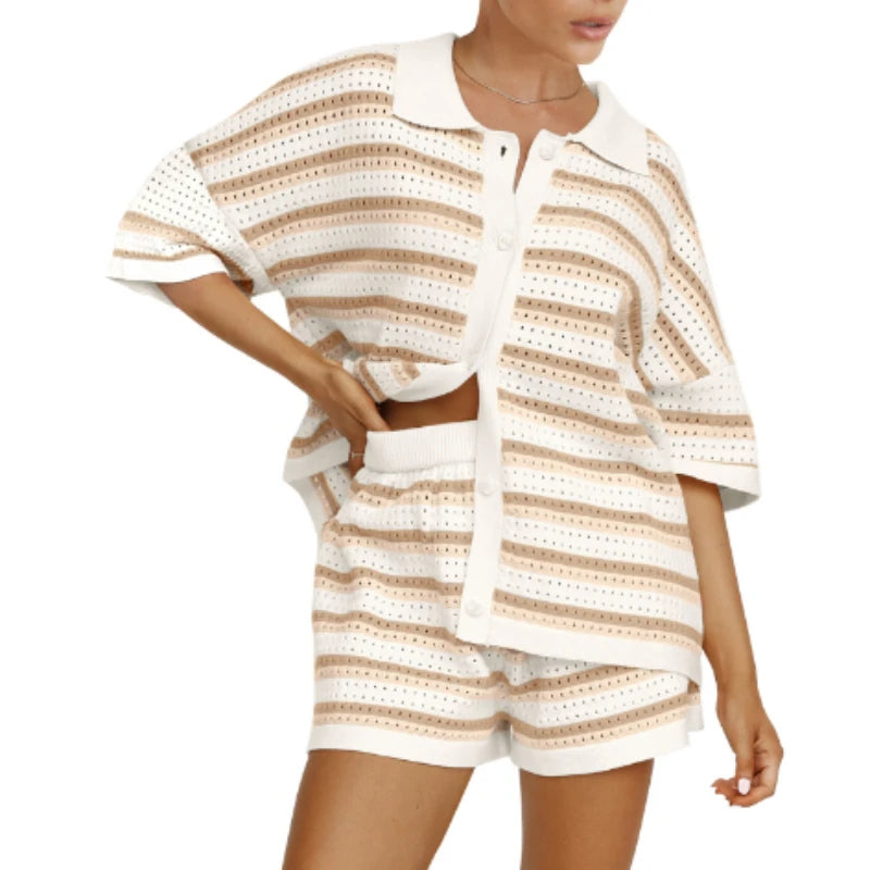 2025 Summer Women'S Hollow Striped Knitted 2 Pieces Set Short Sleeve Flip Collar Cardigan Single Breasted Casual Shorts Suits - Matrix-studios.com