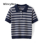 WinvyNee Summer Women's Pure Cotton Sweaters Polo T-Shirts White Half Sleeve Striped Tees Y2k Outerwears Pullover Tops ZA1523012 - Matrix-studios.com