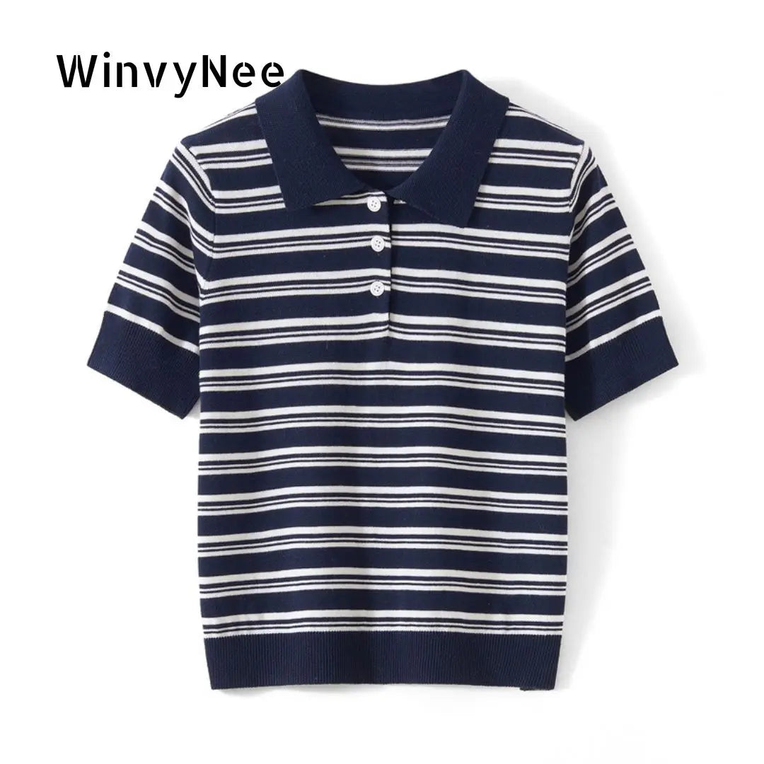 WinvyNee Summer Women's Pure Cotton Sweaters Polo T-Shirts White Half Sleeve Striped Tees Y2k Outerwears Pullover Tops ZA1523012 - Matrix-studios.com