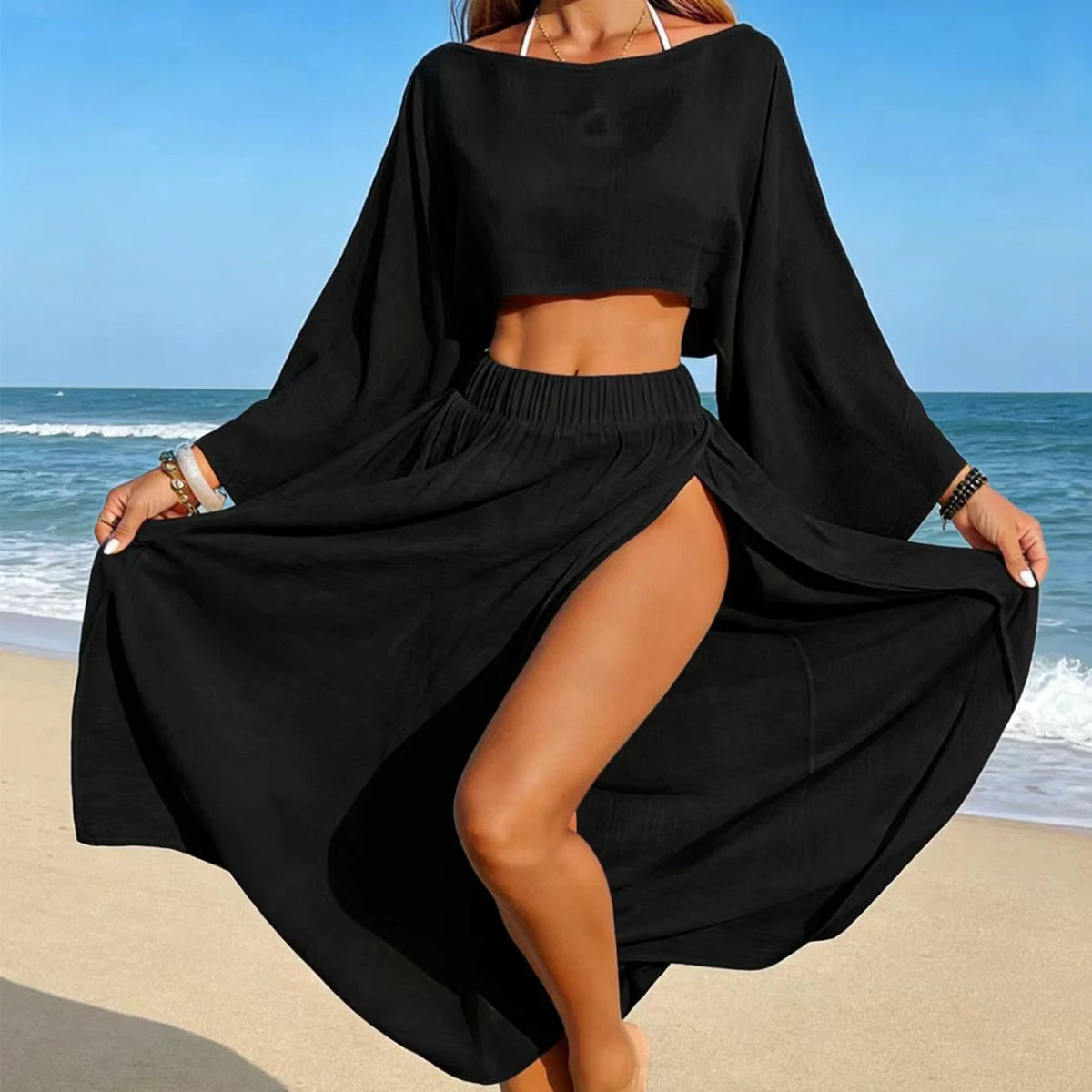 Fashion Casual Short Top and Split Skirt Set, Summer Vacation Lightweight Sheer Beach Cover-Up, Two-Piece Swimsuit for Women - Matrix Studios
