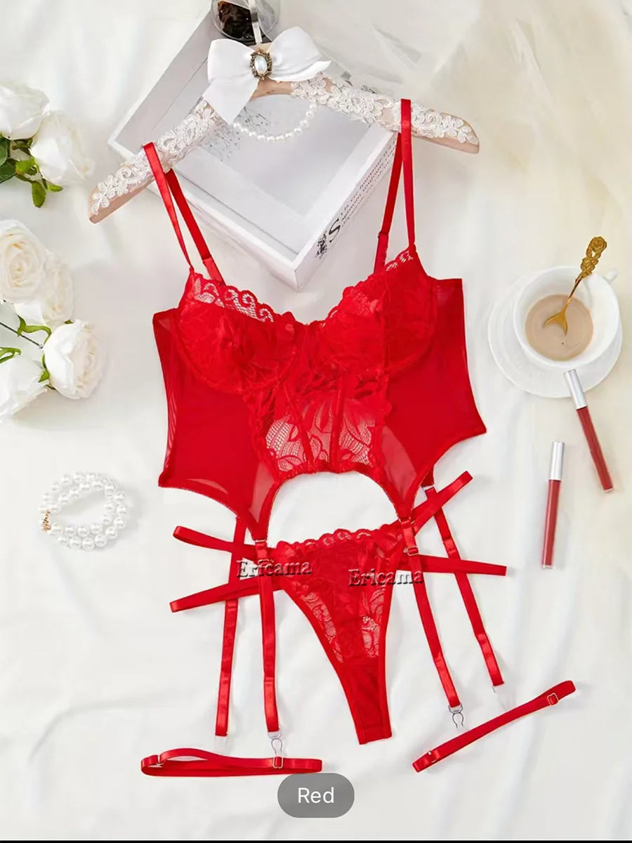 Floral Lace Garter Lingerie Set With Choker Women Intimates 2024 Underwire Bra And Thongs Ladies Underwear Set - Matrix-studios.com