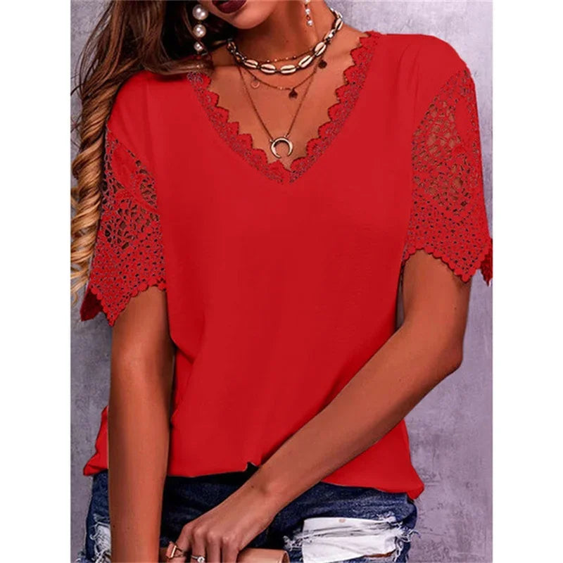 Spring Summer Women Shirts Elegant Hollow Out Lace Short Sleeve V-neck  Casual Chic Oversized Blouses Solid Color Streetwear Top - Matrix-studios.com