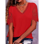 Spring Summer Women Shirts Elegant Hollow Out Lace Short Sleeve V-neck  Casual Chic Oversized Blouses Solid Color Streetwear Top - Matrix-studios.com