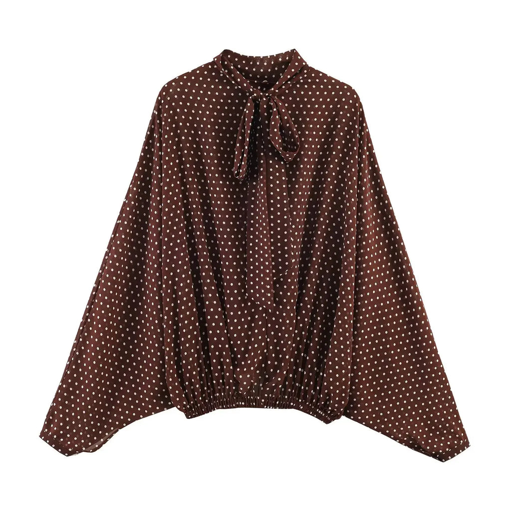 ETJ Women's Polka Dot Blouse Skirt Set 2026 Spring High Neck Batwing Sleeve Sheer Front Tie Bow Midi A-Line Dress Set - Matrix-studios.com