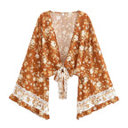 Boho Queens Women Wild Floral 2025 Beach Summer Short Kimono Ruffles Flare Sleeves Vacation Bohemian Bikini Boho Cover-ups - Matrix Studios