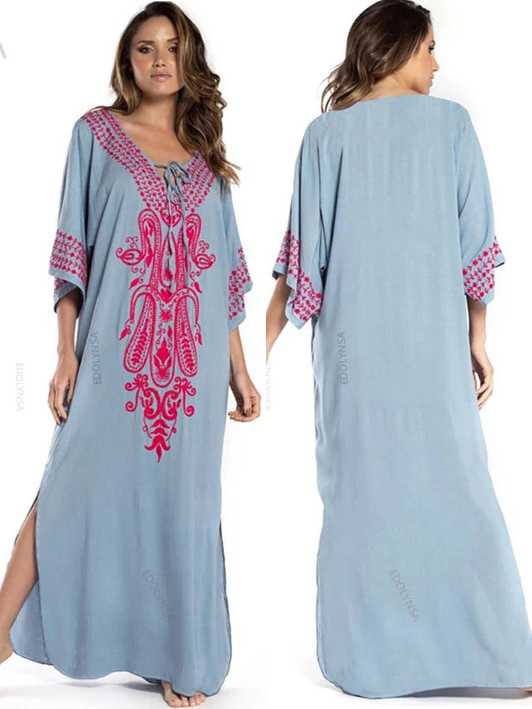 2026 Indie Folk Embroidered Short Sleeve Summer Dress Cotton Tunic Beach Kaftan Women Beachwear Swimsuit Cover Up Robe de plage - Matrix Studios
