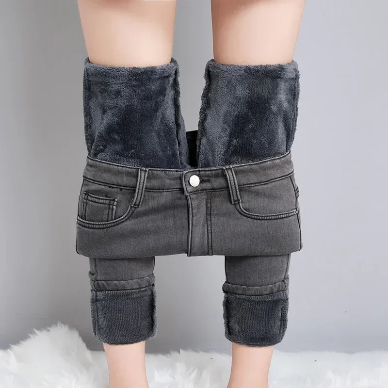 Women Thermal Skinny Jeans Mom Winter Warm Plush Stretch Jeans Lady Fleece Snow Denim Pants Student Pencil Straight Leg Trousers - Matrix-studios.com