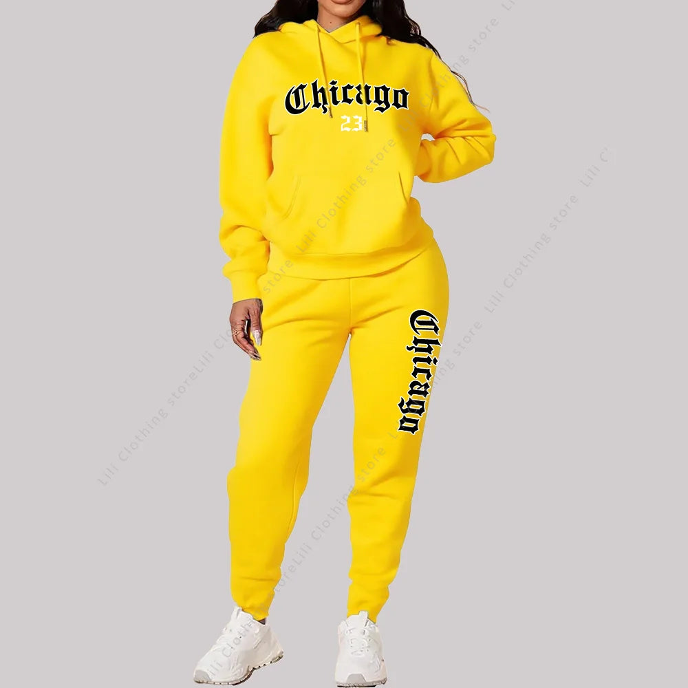 Women's Sets Hoodies Pants 2 Piece Outfits Aesthetic Sportswear Sweatsuit Chicago Graphic Letter Print Plus Size Pink Tracksuit - Matrix-studios.com