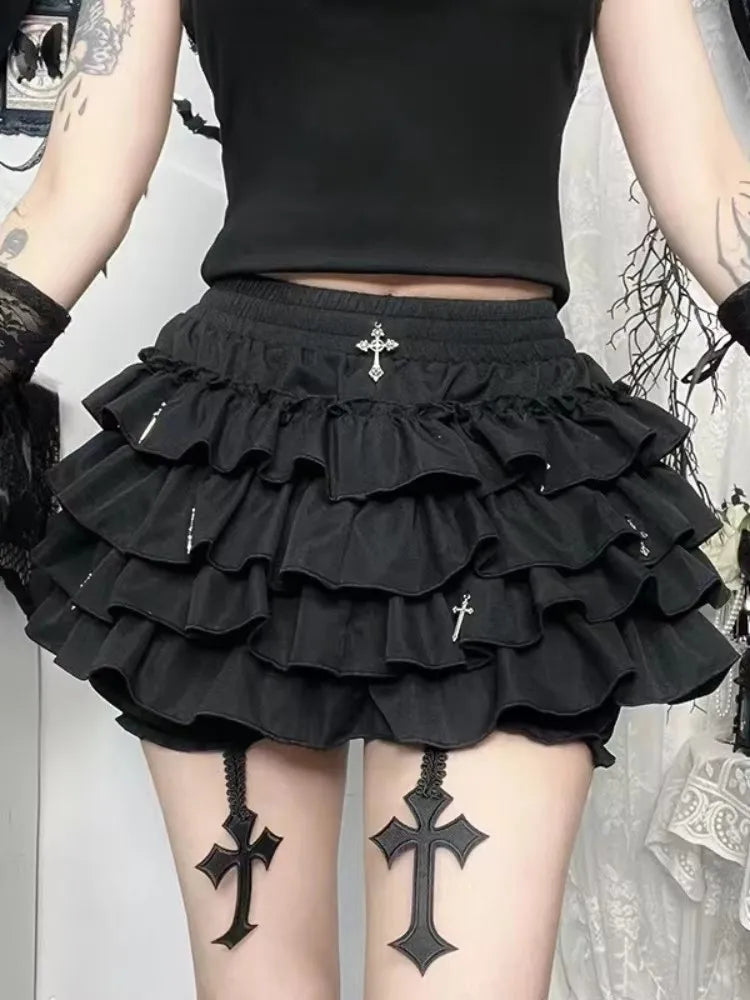 Women Skirts Tiered Ruffles Mini Skirt with Cross Charms Built-in Shorts Kawaii Sukapan Skort Gothic Punk Coquette Y2K E-girl - Matrix-studios.com