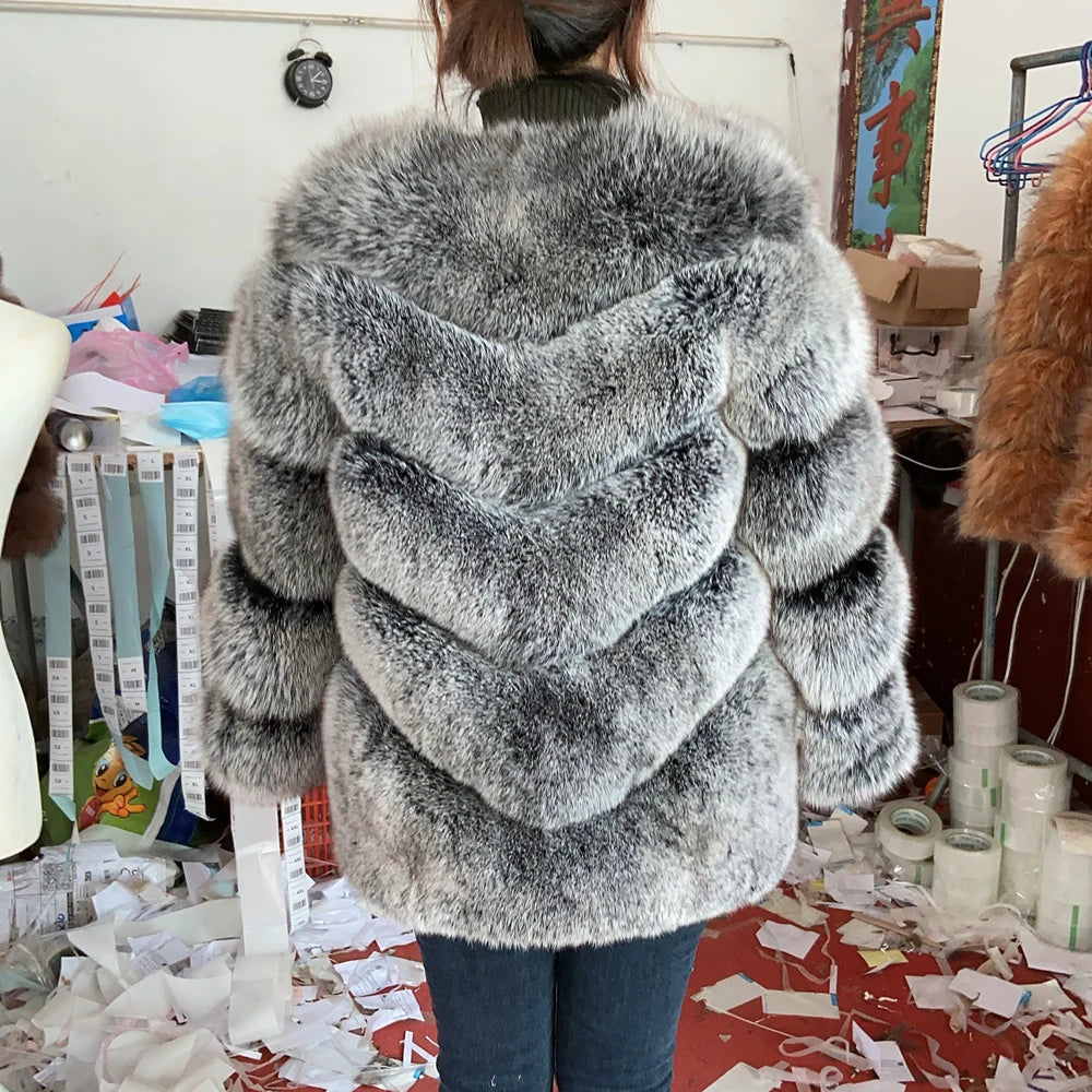 QUEENTINA  Natural Fox Fur Coats Fashion New Women's Very Warm And Stylish Jacket Vest Stand Collar Leather Coat Women Winter - Matrix Studios