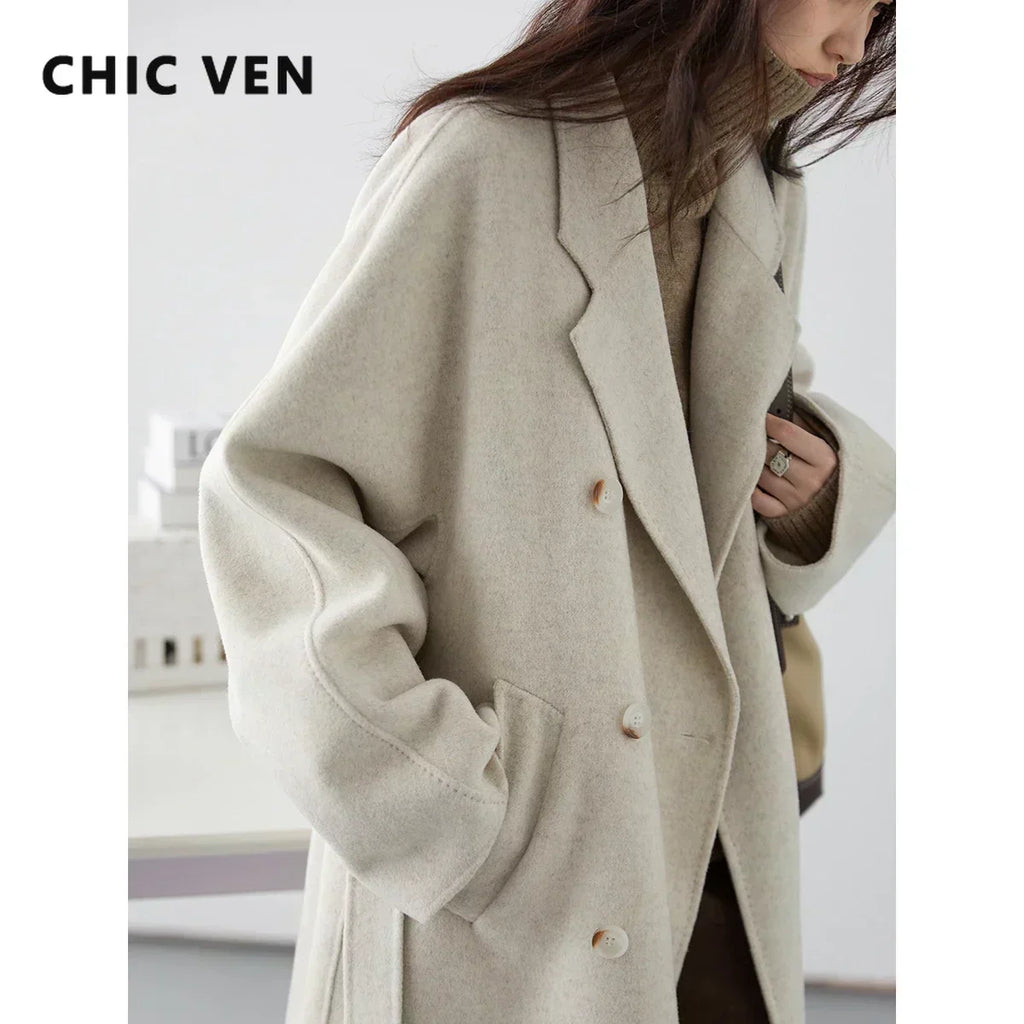 CHIC VEN Women Long Double-sided Woolen Coats Retro Loose Female Overcoat Double Breasted Ladies Windbreak Autumn Winter 2026 - Matrix-studios.com