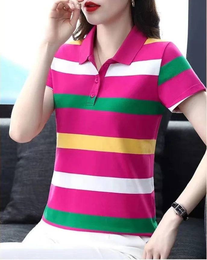 Women Summer Tops Strip Tees Sexy Vintage Short Sleeve 5XL Polo T Shirts Loose Casual Befree Boho Tees - Matrix-studios.com
