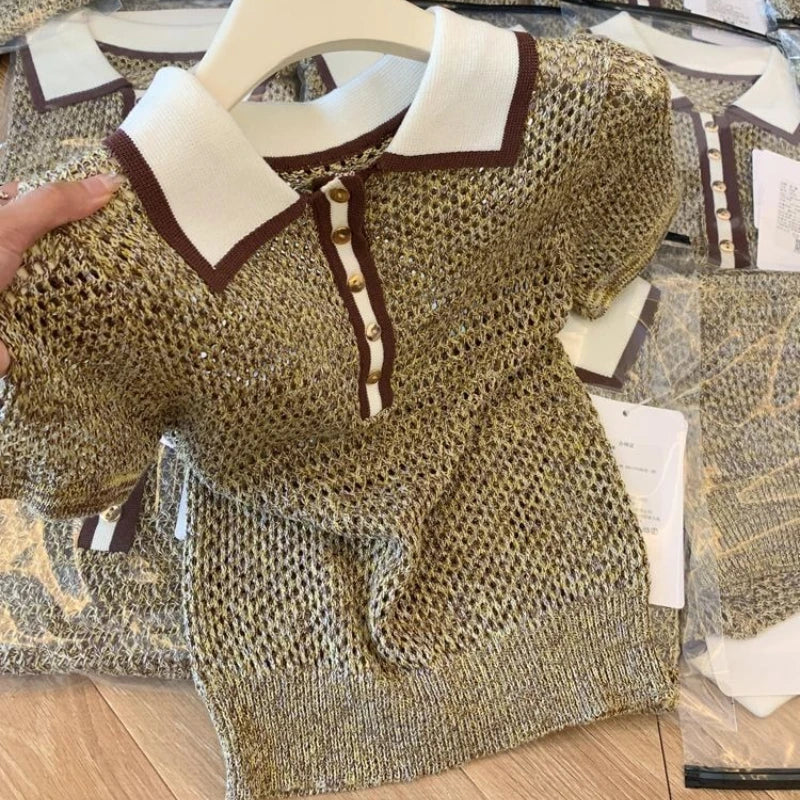 Vintage Knit Short Sleeve Tees Women Button Contrast Color Fashion Hollow Out Polo Neck Tshirts Bright Thread Printed T-Shirts - Matrix-studios.com