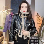 Black Lambswool Jacket Winter Thickened Plus Velvet Motorcycle Faux Leather Stitching Coat PU Plush Cardigan Stand Collar Tops - Matrix Studios
