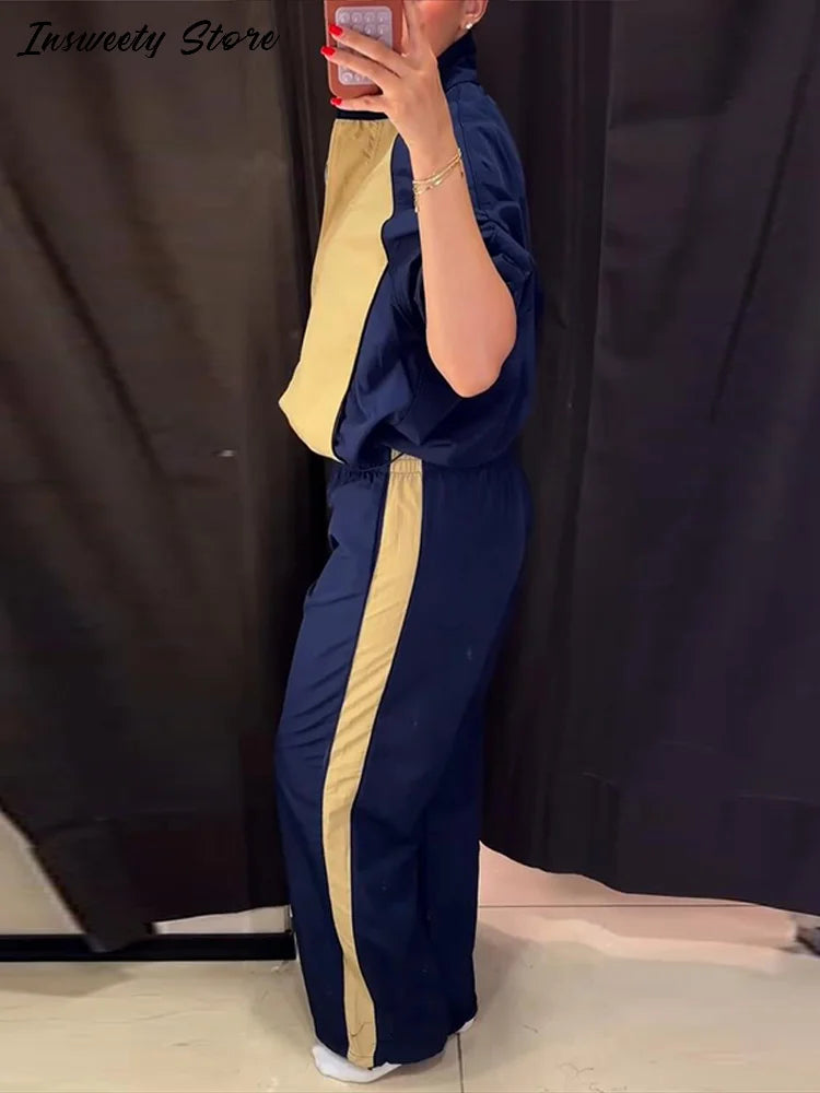 Fashion Color Block 2 Piece Tracksuit Women's Stand Collar Drawstring Cropped Jacket Elastic Waist Pants 2026 Autumn Lady Outfit - Matrix-studios.com
