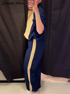 Fashion Color Block 2 Piece Tracksuit Women's Stand Collar Drawstring Cropped Jacket Elastic Waist Pants 2026 Autumn Lady Outfit - Matrix-studios.com