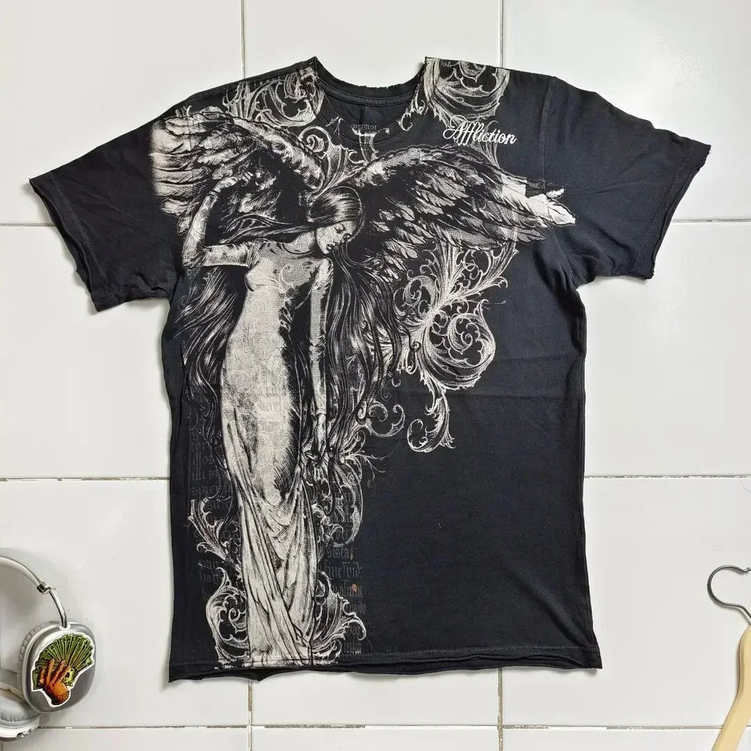 Y2K Affliction T Shirt Vintage Clothing Punk Hip Hop Graphic Print Oversized T shirt Women Round Neck Cotton Short Sleeve Tops