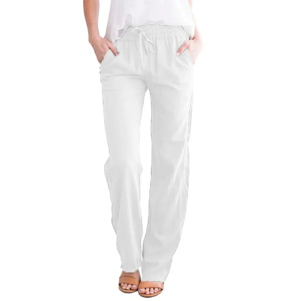 Women Cotton Linen Drawstring Pants Elastic Waist Casual Solid Color Trousers Baggy Loose Straight Leg Breathable Sweatpants - Matrix-studios.com