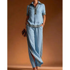 Women 2 Piece Linen Set Lapel Collar Half Button Short Sleeve High Waist Split Elegant Casual Loose Summer Wide Leg Long Pants - Matrix-studios.com