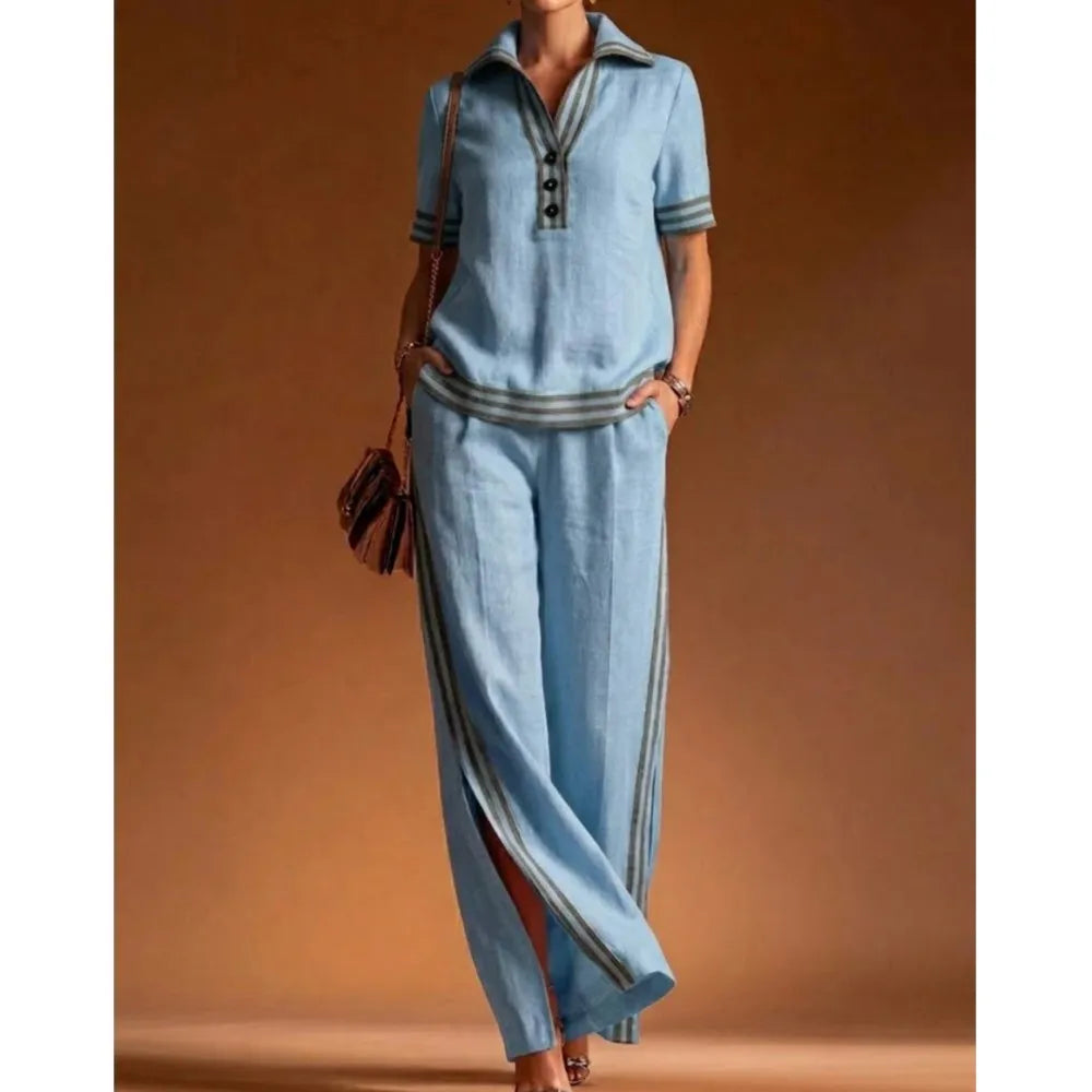 Women 2 Piece Linen Set Lapel Collar Half Button Short Sleeve High Waist Split Elegant Casual Loose Summer Wide Leg Long Pants - Matrix-studios.com