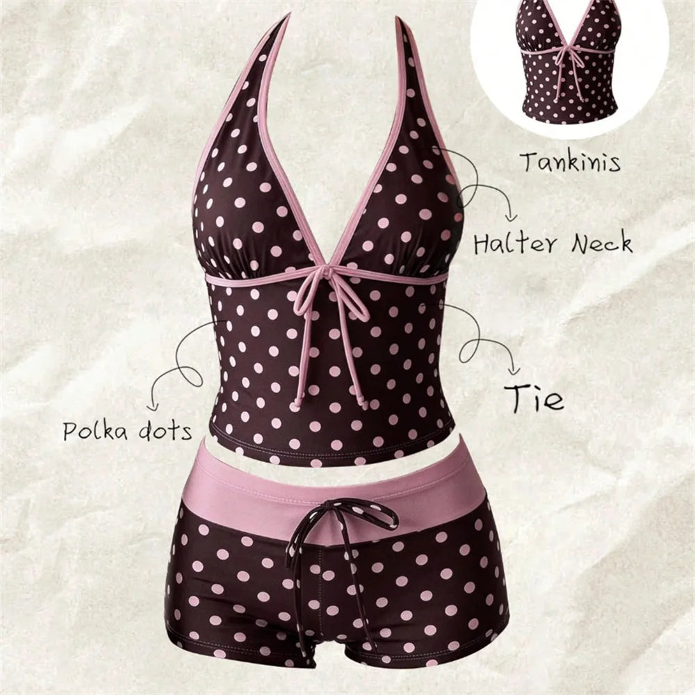 Kawaii Pink Dot Bikini Shorts Bowknot Halter Backless Swimsuit Deep V Swimwear Women's Bikinis and Tankinis Vacation Outfit Sets - Matrix-studios.com