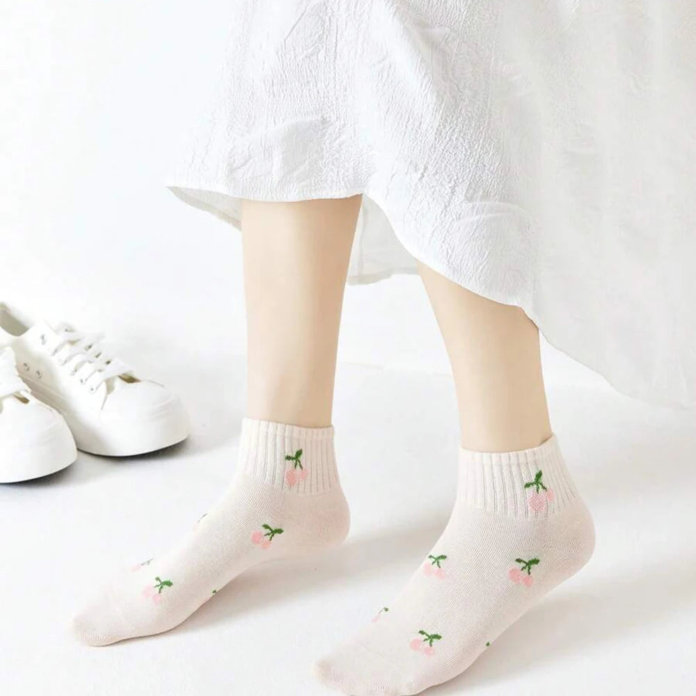 5/10 Pairs Women Striped Ankle Socks Fashionable Breathable Comfortable Spring Summer Cute Pink Fruit Pattern Casual Socks - Matrix Studios