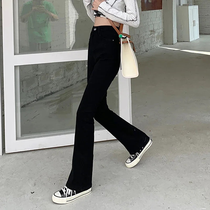 Woman American High Waist Slim Fit Bell Bottom Jeans Female Fashion Y2k Flare Pants Girls Elastic Designer Black Denim Trousers - Matrix-studios.com
