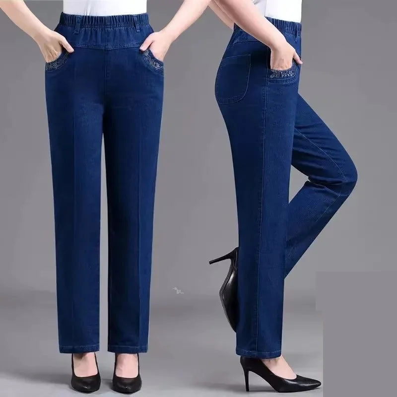 Middle aged elderly Women's Jeans Embroidered Pockets Elastic waist Mom Pants Casual Denim Straight leg Trousers 2025 New Spring - Matrix-studios.com