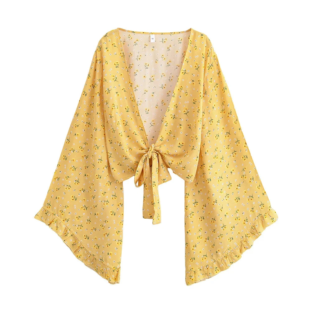 Boho Queens Fashion Women Floral 2025 Beach Summer Short Kimono Ruffles Flare Sleeves Vacation Bohemian Bikini Boho Cover-ups - Matrix Studios
