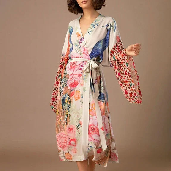 TEELYNN Casual Floral Print Cover-Ups Women Robe Vintage Gown Flare Sleeve Kimono Dress Boho Beach Wear Kaftan Summer Vestidos - Matrix Studios