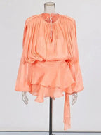 TWOTWINSTYLE Solid Blouse Mini Dresses For Women V Neck Long Sleeve Spliced Lace Up Sweet Style Dress Female Clothing Fashion - Matrix-studios.com