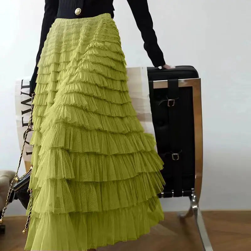 Sweet Layered Cake Me Skirt Elastic Waist Princ Long Dr Korean Sle High Waist Polyester Fabric Mid-Length Skirt - Matrix-studios.com