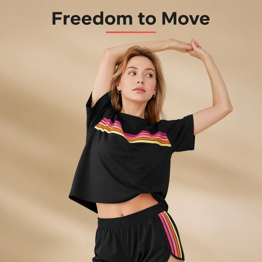 Your ultimate weekend companion! This relaxed two-piece offers a loose fit for all-day comfort. The matching shorts feature two deep side pockets for storing essentials. Retro rainbow stripes add a trendy, vintage twist to yo - Matrix-studios.com