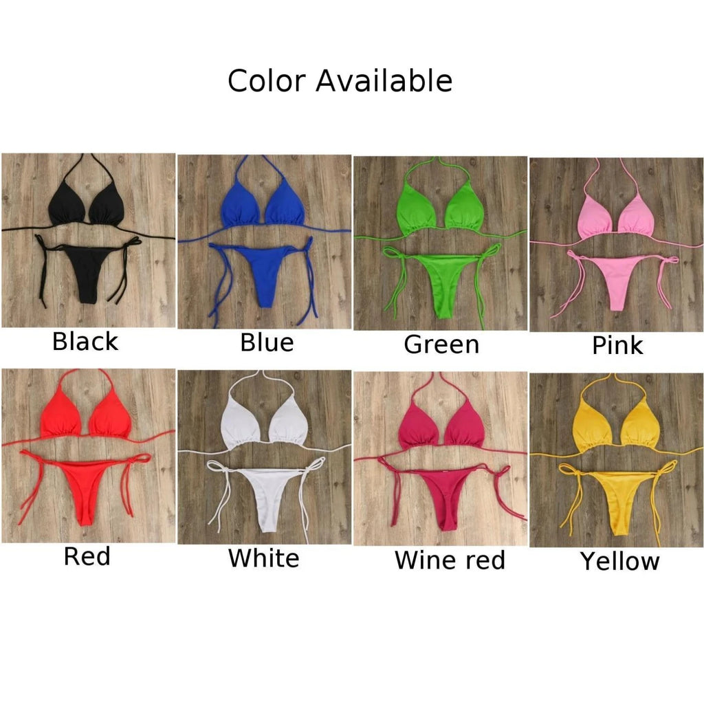 Women Tie Sexy Thong Bikini Set Side Swimsuit Bandage Style Brazilian Swimwear Split Strap Adjustable Solid Female Swimsuit Set - Matrix-studios.com
