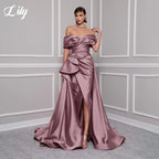 Lily Red Elegant Prom Gown V-Neck Off the Shoulder Party Dress for Woman Satin Pleating Side Split Evening Dresses Customized - Matrix-studios.com