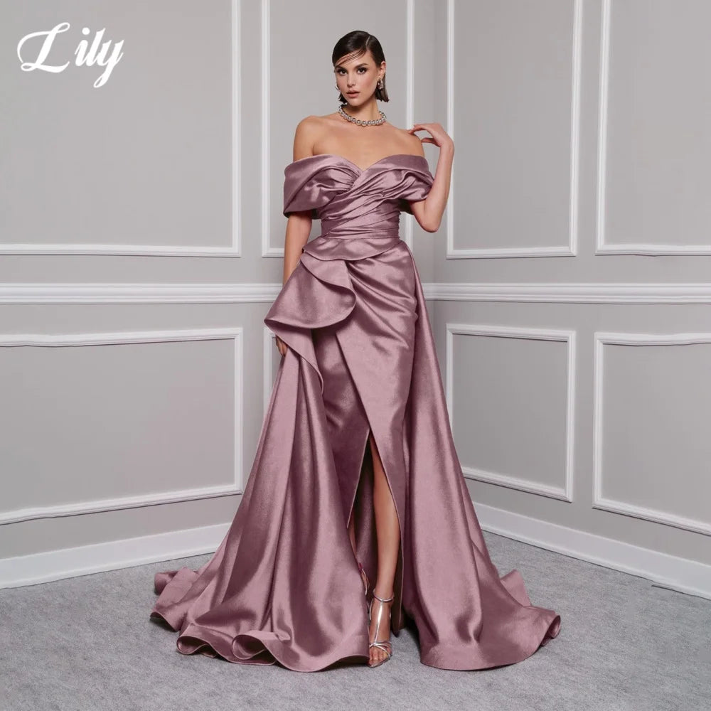 Lily Red Elegant Prom Gown V-Neck Off the Shoulder Party Dress for Woman Satin Pleating Side Split Evening Dresses Customized - Matrix-studios.com