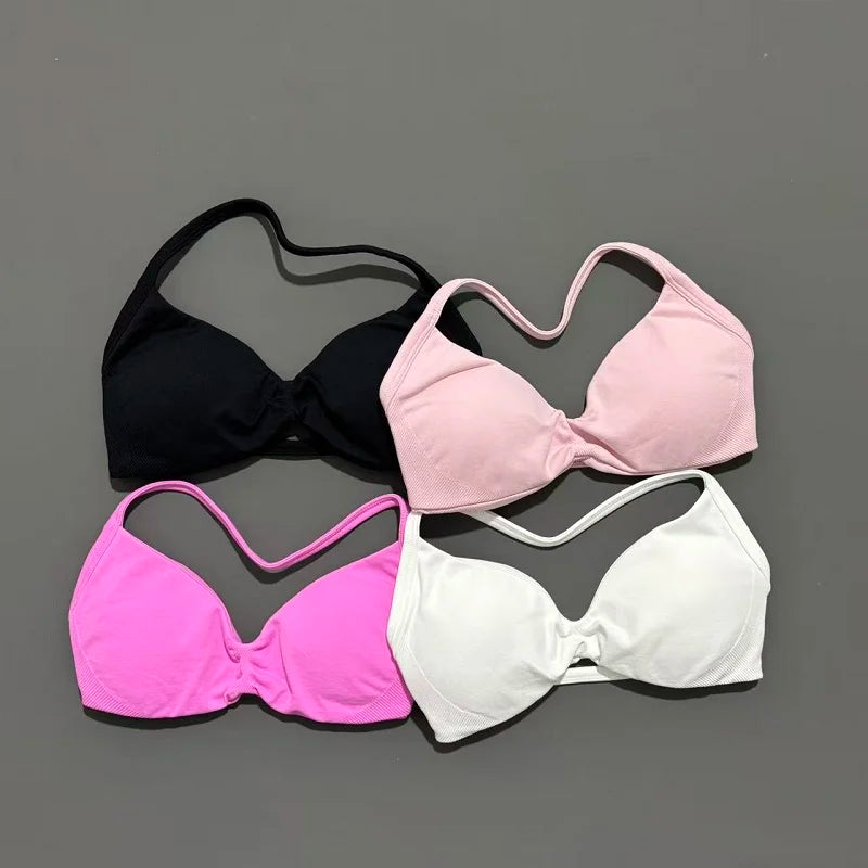 HISTELLO Strappy Bra Gym Top Women High Support Thin Strap Halter Sports Seamless Bras Scrunch Push-up Workout Yoga Tank Tops - Matrix Studios