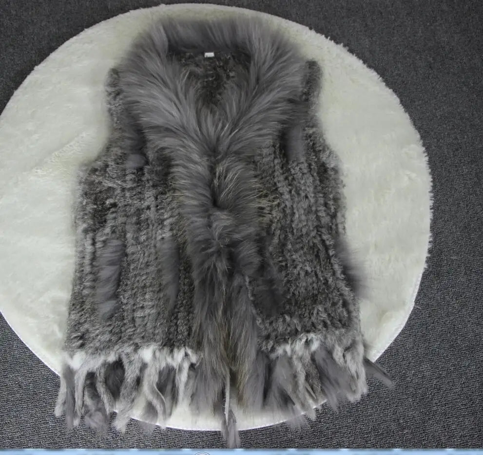 Harppihop womens natural real rabbit fur vest with raccoon fur collar waistcoat/jackets rex rabbit knitted winte - Matrix Studios