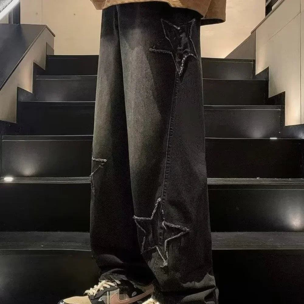 Star Embroidered Straight Casual Men's Jeans Y2K Gothic Unisex New Wide-leg Loose, Comfortable Fashionable Youth Street Jeans - Matrix Studios