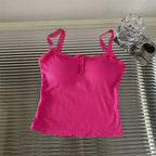 Summer Lace Strap Patchwork Camisole Women Solid Color Sleeveless Buttons Tank Top - Matrix-studios.com
