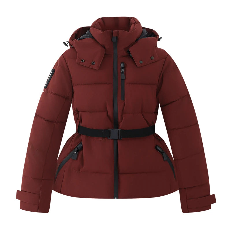 Women's Winter Hooded High Waist Padded Sport Parkas Coats with Belt Female Elegant Thick Warm Pockets Windproof Skiing Jackets - Matrix-studios.com