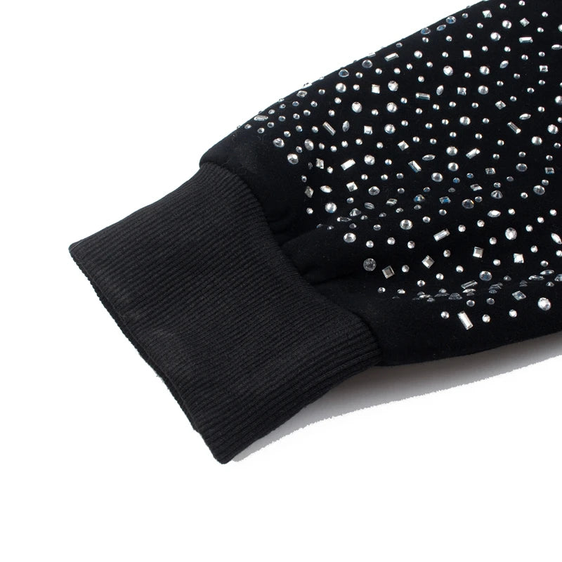 Full Hotfix Rhinestone SATOSHI Hoodie American High Street Classic Letter Print Retro Black Fleece Hooded Sweatshirt Men Women - Matrix-studios.com