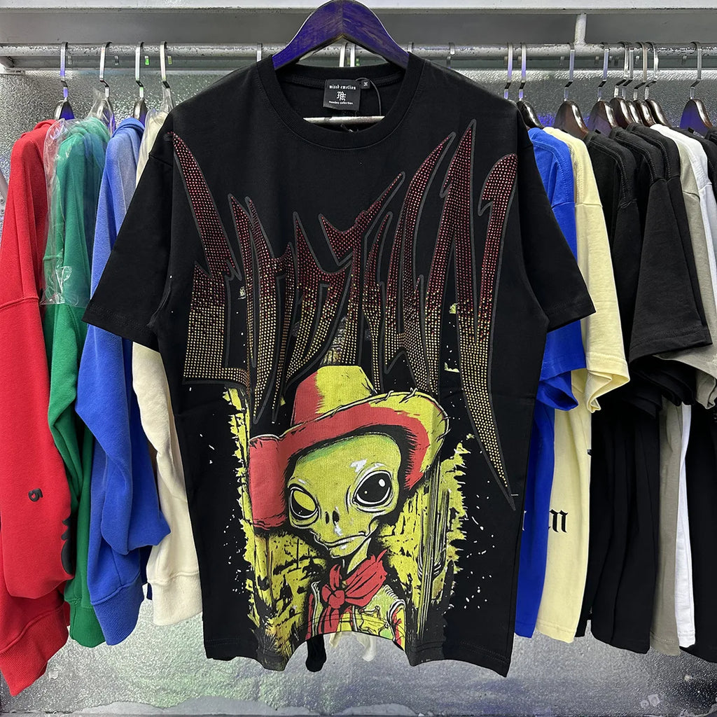 MIXED EMOTION Shirt Rhinestone Short Sleeve Men Women T-shirt Streetwear 100% Cotton Loose Round Neck Top Tees Oversized Tee Top - Matrix Studios