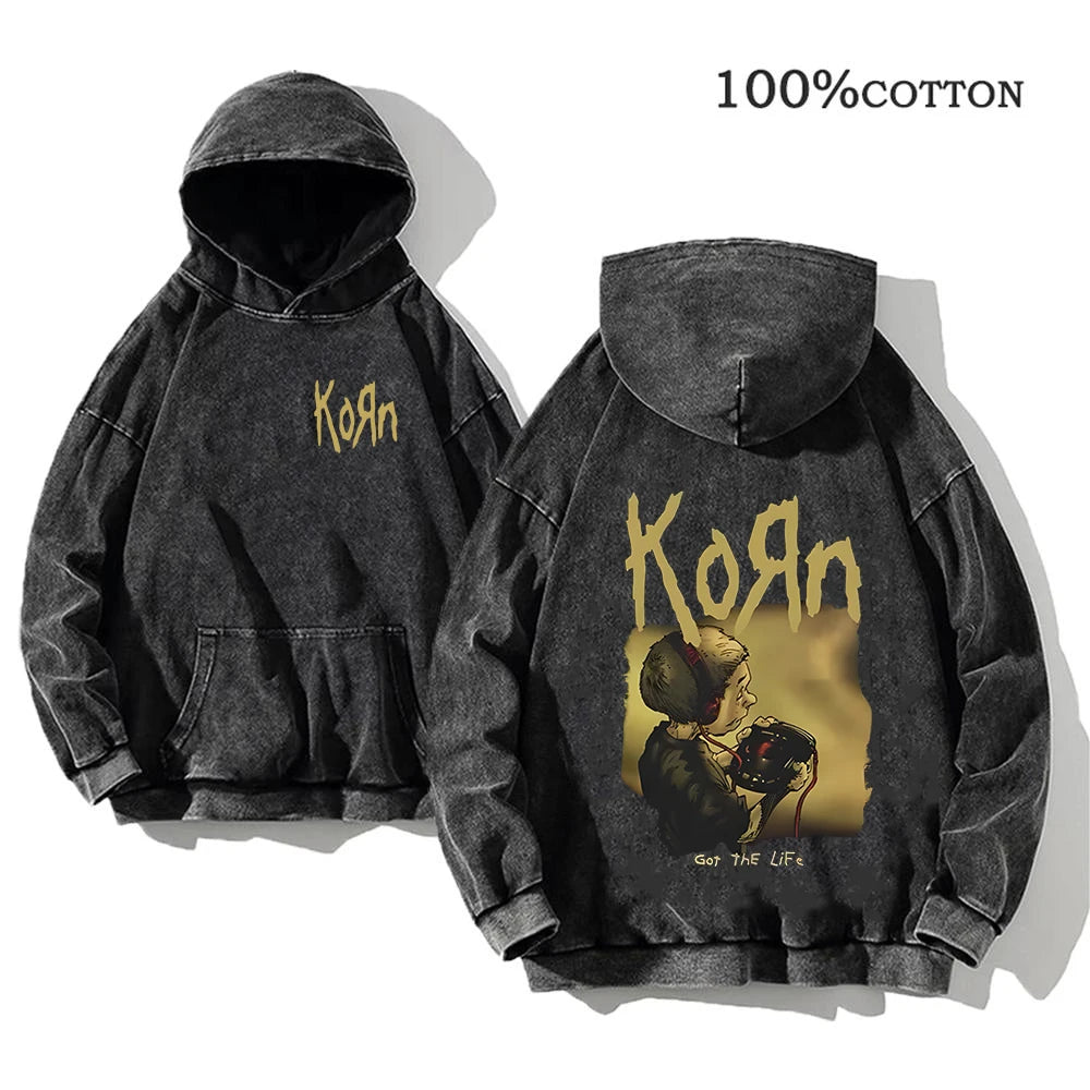 Korn Rock Band World Tour Hoodies Vintage Washed Men's Sweatshirts Cotton Hip Hop Streetwear Hooded Pullover Loose Y2K Tops - Matrix Studios