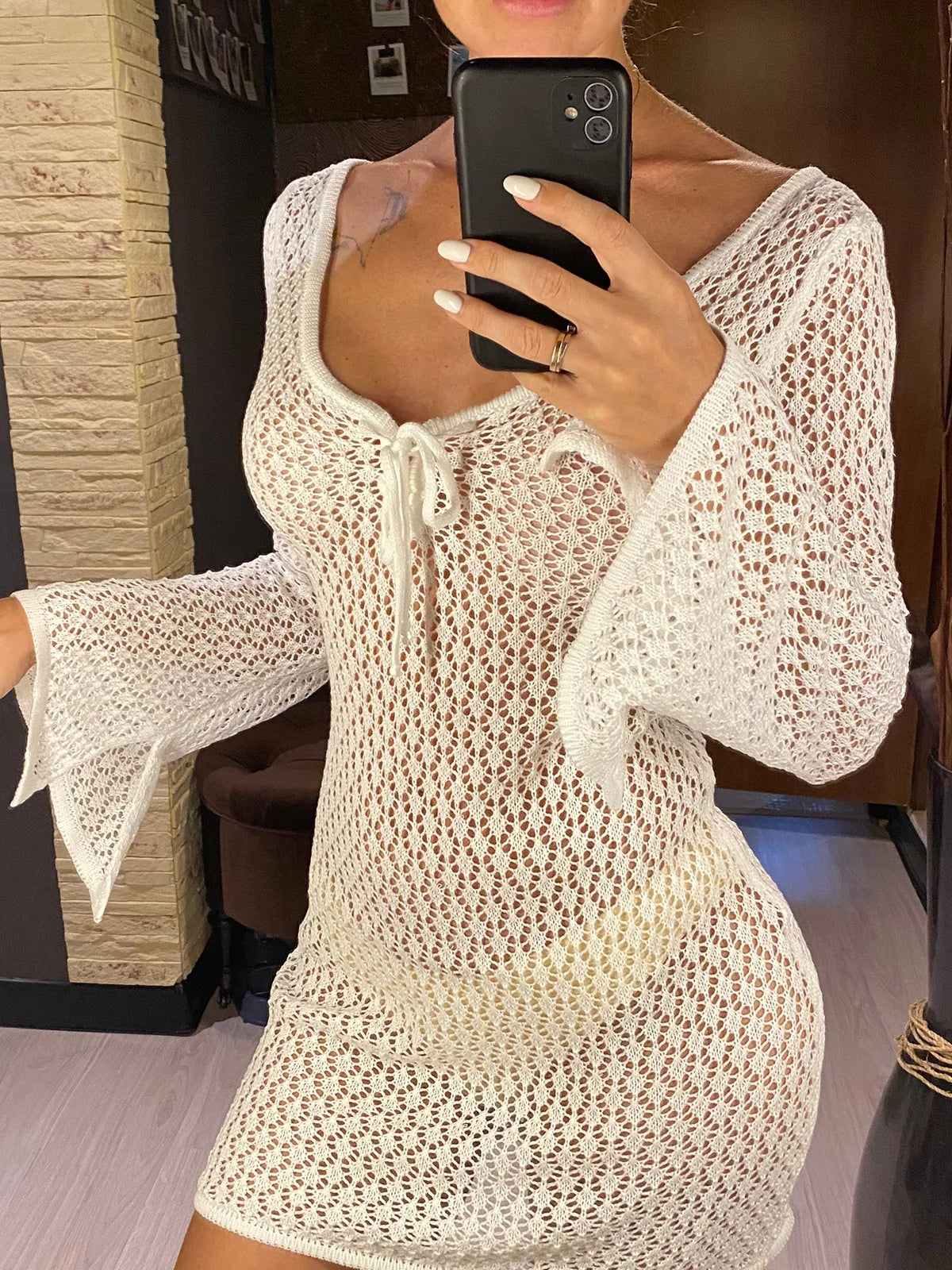 V Neck Long Sleeve Hollow Out Crochet Knitted Tunic Beach Cover Up Cover-ups Beach Dress Beach Wear Beachwear Female Women V6081 - Matrix Studios