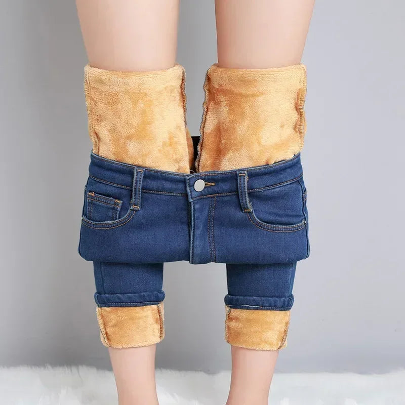 Women Thermal Skinny Jeans Mom Winter Warm Plush Stretch Jeans Lady Fleece Snow Denim Pants Student Pencil Straight Leg Trousers - Matrix-studios.com
