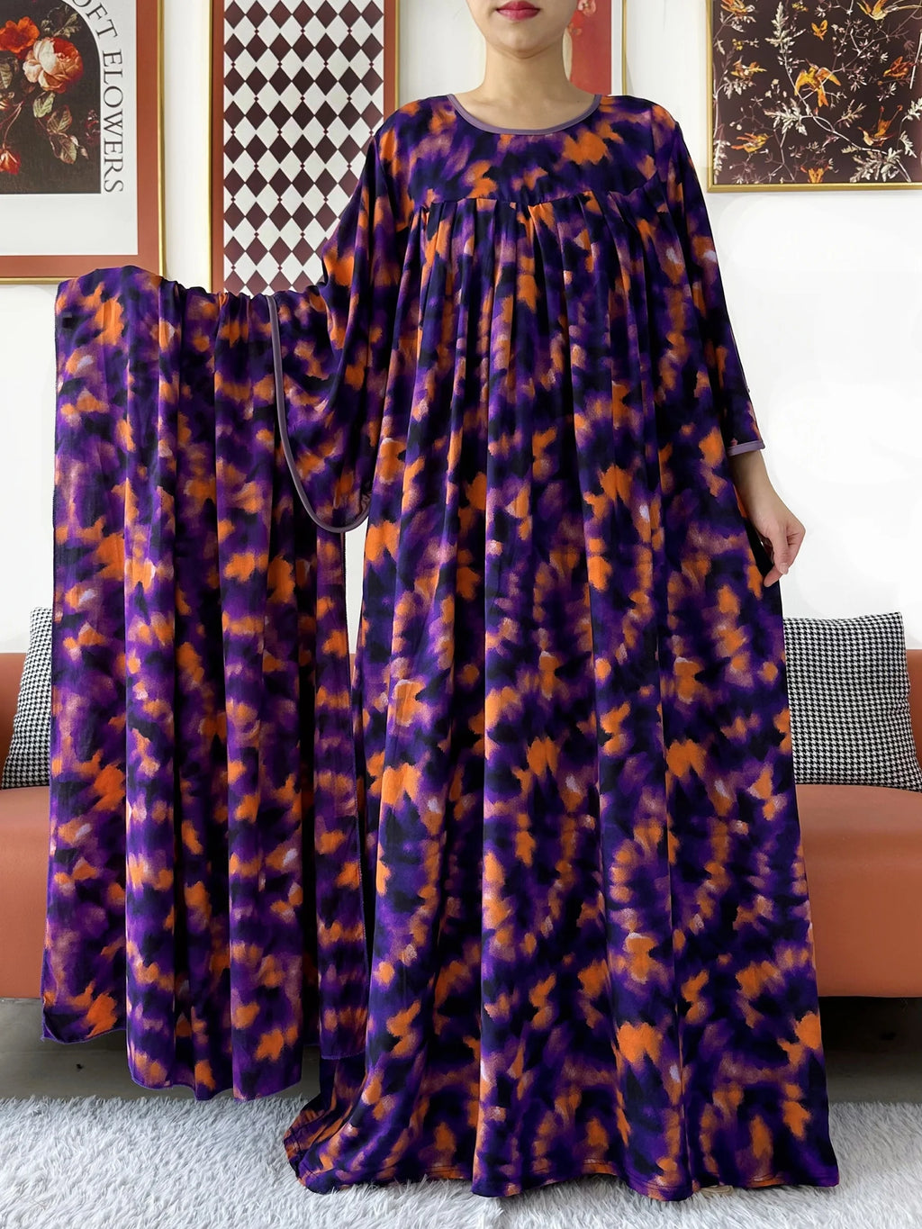 2025 New Loose Floral Dress Short Sleeve Cotton Women Abaya with Big Scarf Boho Maxi Dress Casual Fashion Dress African Vestidos - Matrix-studios.com