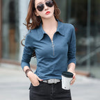 European Station Fashion Long sleeved POLO Neck Pure Cotton T-shirt Women's Spring New Slim Fit Solid Color Bottom Shirt - Matrix-studios.com