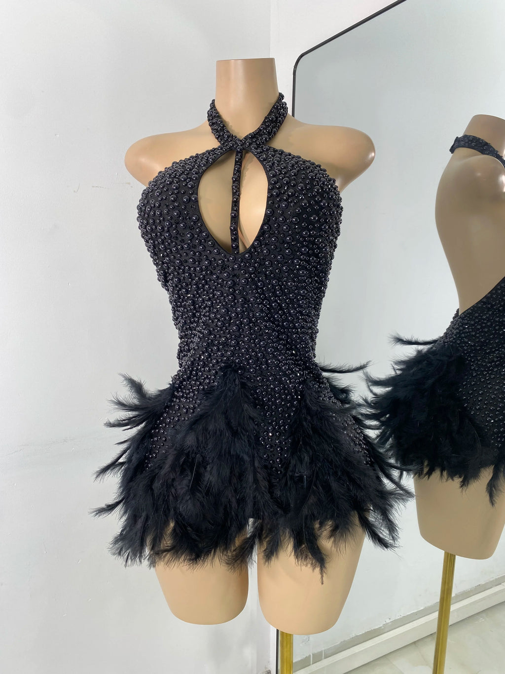 High Quality Women Sexy Halter Beading Feather Tight Bodysuit Nightclub Performance Leotard Luxury Party Celebrate Stage Wear - Matrix Studios